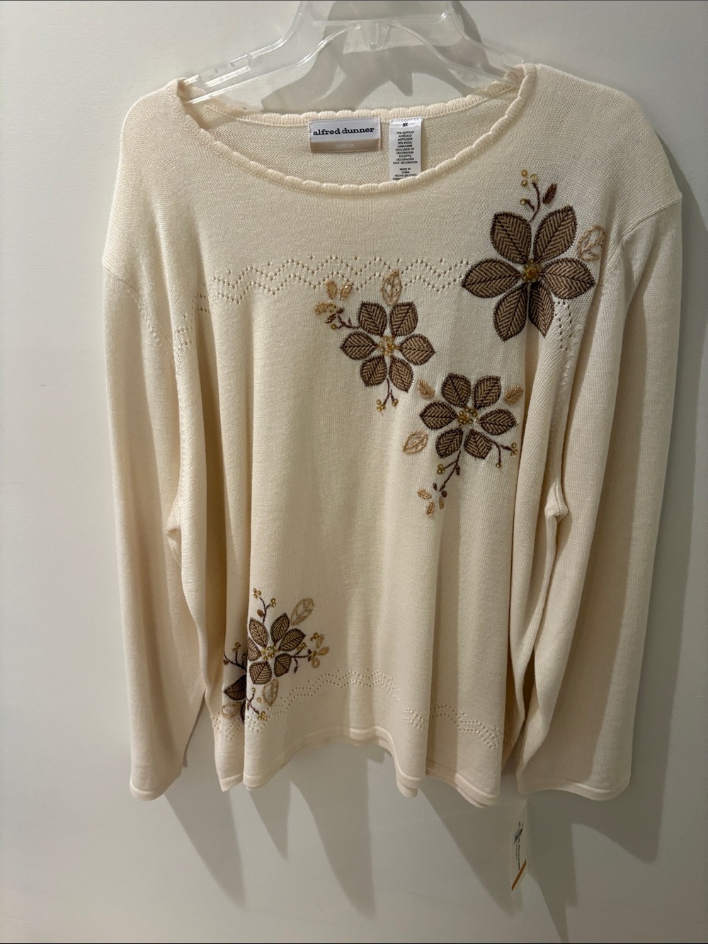 Alfred Dunner Cream Knit Sweater with Brown Floral Embroidery